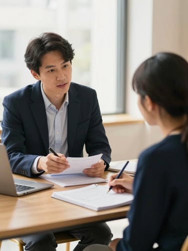 A professional academic consultant in a bright modern office discussing a structured study plan with a student, warm natural daylight, gold accents, shallow depth of field, 35mm photography