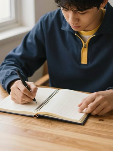 A focused student studying at a clean wooden desk with a structured notebook, warm natural window light, deep navy and gold accents, shallow depth of field, 35mm