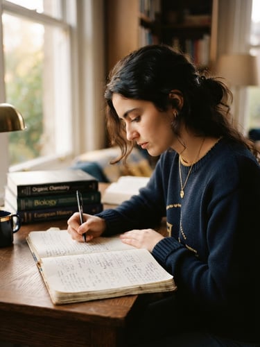 A focused student studying with a notebook under soft natural window light, deep navy and gold tones, shallow depth of field, 35mm photography