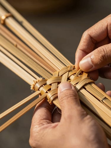 Close-up of seasoned split bamboo being woven by hand with heavy-duty cord, warm afternoon sunlight filtering through, showing rich natural textures.
