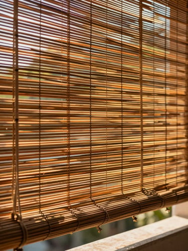 Close-up of a hand-woven bamboo blind hanging on a Lucknow balcony, warm sunlight filtering through the seasoned ochre splits, casting detailed linear shadows.