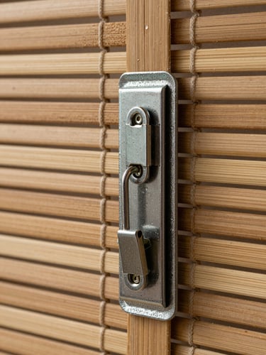 Detailed macro shot of heavy-duty cord locks and reinforced borders on a natural bamboo blind, showcasing the robust construction designed for monsoons.