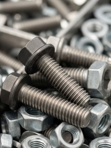 Macro shot of high-precision cold-forged steel fasteners with clean thread profiles, bright clean factory daylight, metallic steel tones, macro lens, shallow depth of field