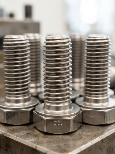 Macro photograph of high-precision cold forged steel bolts, showing clean thread profiles, bright industrial daylight, metallic steel tones, shallow depth of field