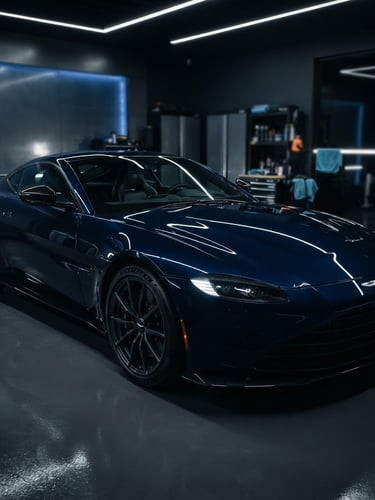 Sleek dark luxury sports car parked inside a pristine, modern detailing bay with sharp overhead LED lighting, metallic reflections on deep navy paintwork, 85mm