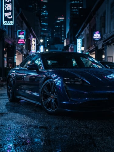 Sleek modern electric sports car reflecting neon blue city lights in a dark Singapore street, dramatic low-key lighting, 85mm