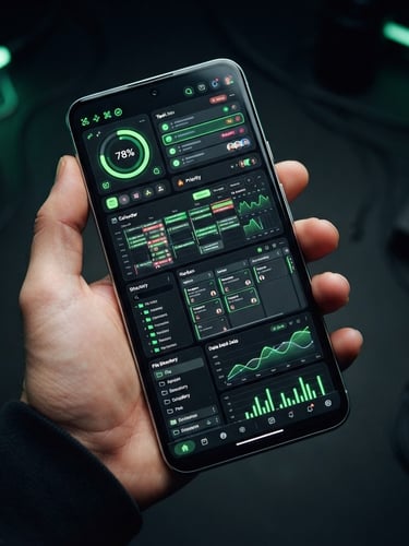 Sleek tech photography, cool studio lighting, dark background with neon green accents, crisp macro device mockup of a productivity app interface on a modern Android phone, 35mm
