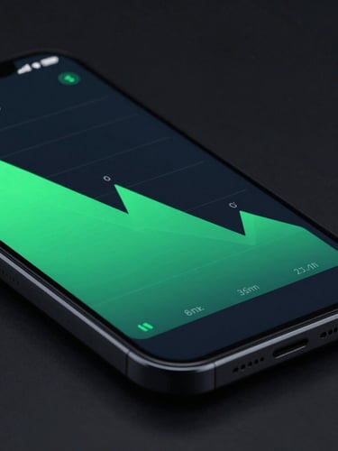 Crisp macro device mockup of an Android phone screen showing a dark-mode health tracking application, vibrant green charts, cool backlighting, 35mm