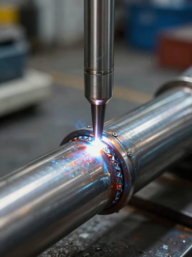 Primer plano macro de un cordón de soldadura TIG impecable sobre una tubería de acero inoxidable sanitario, luz fría de taller reflejada en el metal pulido espejo.