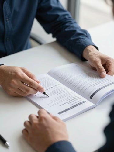 Close-up of a young man's hands turning pages of a vocational program enrollment packet on a plain office desk, a pen resting beside the documents, bright even daylight from a side window, no faces visible