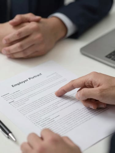 Close-up of two pairs of hands on a desk under even office light, one person pointing to a clause in a printed employer contract, a checklist form and pen visible nearby, documentary framing