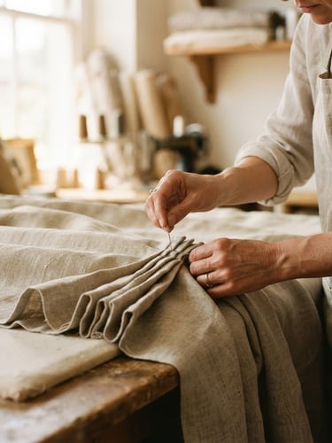 Hands pinning pleats on a luxurious linen curtain in a sunlit workroom, shallow depth of field, warm editorial photography