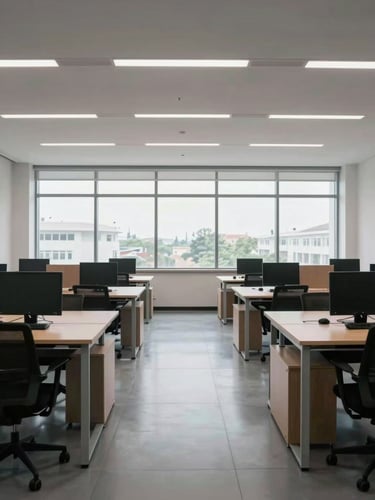 Wide environmental shot of a spotless open-plan office interior in natural daylight, empty desks and clean floors stretching toward large north-facing windows, overcast light, no people, no props
