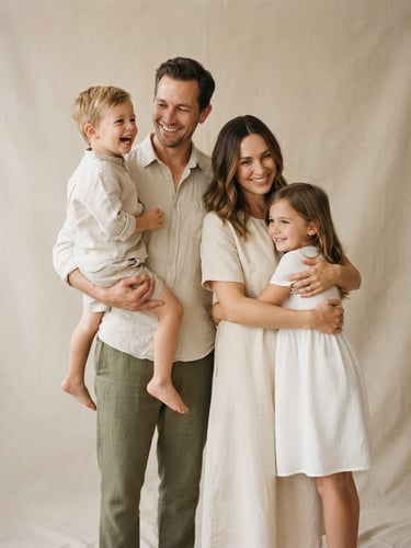 Elegant studio portrait of a family wearing premium linen and heritage cotton garments, warm diffused natural light, soft beige background, medium shot