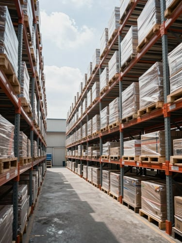 High-contrast architectural shot of a clean, structured warehouse logistics hub, cool daylight illuminating high-volume shelving units, precise alignment.
