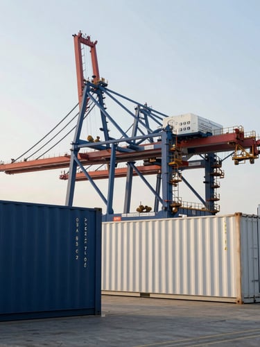 Wide architectural shot of a modern automated shipping container terminal in soft morning light, clean lines, high-contrast industrial composition.