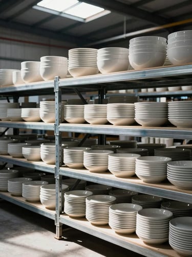 Industrial warehouse interior with high-contrast daylight streaming through skylights, structured stacks of minimalist ceramic dinnerware on heavy-duty metal shelving, cool color palette