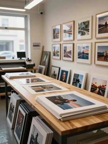 Wide shot of a warm tungsten-lit print studio interior, counter stacked with finished prints and mounted frames on the right wall, printing equipment visible in the background left, natural daylight from a shop window cutting across the counter