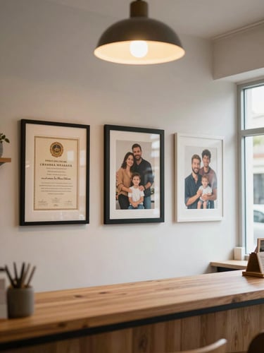 Wide shop interior showing a wall display of completed framed items — a diploma, a family portrait, and a canvas print side by side — warm tungsten ceiling light, counter edge visible in foreground, natural daylight through a window on the right