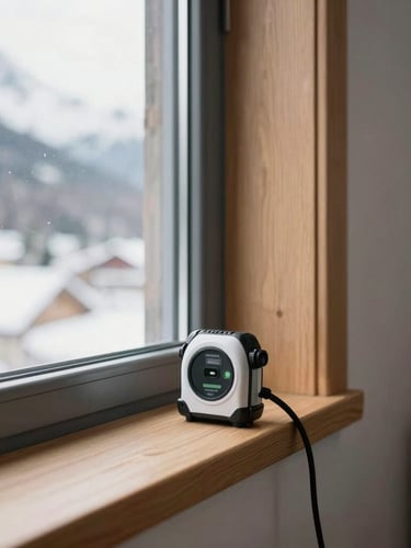 Crisp natural daylight shot of a modern alpine apartment interior in Grenoble, clean lines, laser distance measure resting on a wooden window sill, sharp focus.