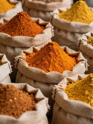 A close-up high-detail shot of vibrant orange and yellow Indian spices in rustic jute bags, natural daylight illuminating the textures.