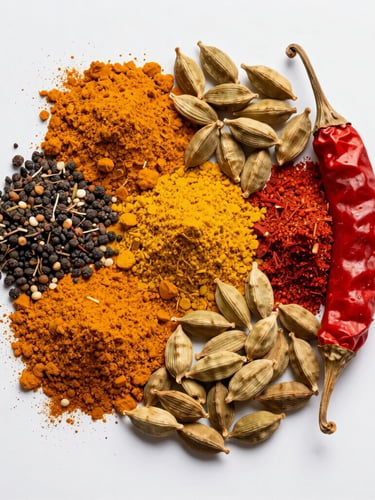 Macro overhead shot of vibrant, colorful Indian spices including turmeric powder, red chili, and whole cardamom, bright natural daylight, clean white background, professional food styling.