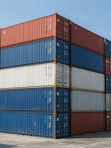 A high-angle, bright daylight shot of cargo containers stacked at a modern shipping terminal, crisp blue sky, clean composition.
