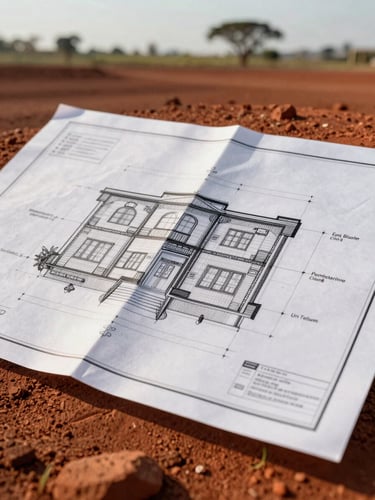 Orthographic blueprint schematic overlaid on raw Paraguayan red earth, crisp morning light, high contrast, technical architectural drawing details, no people.