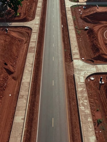 Top-down orthographic aerial view of a clean, newly planned urban road grid in Paraguay, crisp morning daylight highlighting concrete curbs and raw red earth, highly technical and structured composition.