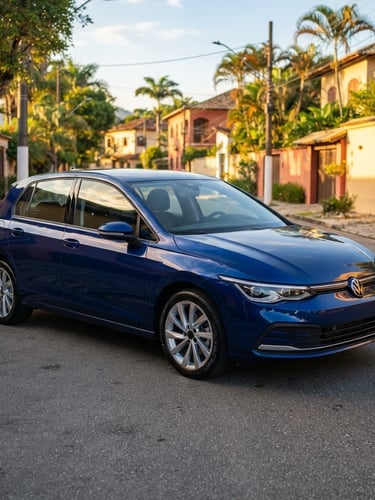 Bright daylight shot of a modern hatchback car parked on a clean street in Itaboraí, golden hour light reflecting on the deep blue metallic paint, sharp focus, 35mm lens