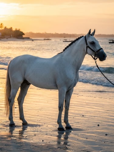 A majestic white warmblood horse standing on the pristine white sands of Bagamoyo beach at sunrise, dramatic golden-hour light reflecting off the Indian Ocean, shallow depth of field, luxury editorial photography.
