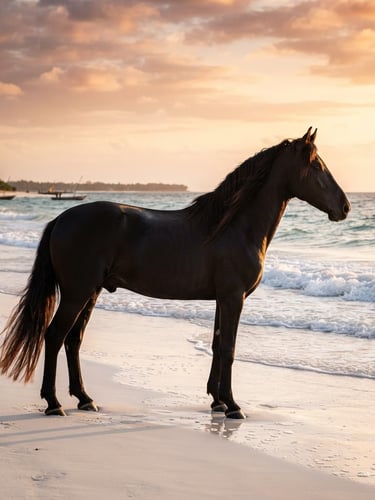 Side view of a majestic black Andalusian horse standing on the pristine white sands of Bagamoyo beach at golden hour, ocean waves gently breaking in the background, dramatic lighting, luxury editorial photography.