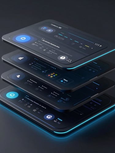 Sleek 3D render of a multi-layered digital interface displaying localized content blocks, dark ambient lighting with electric indigo neon accents, sharp perspective view