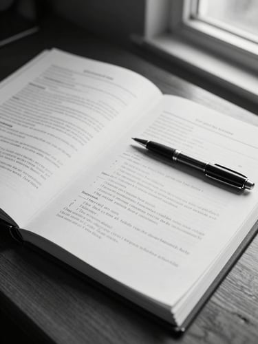 Tightly framed wide shot of an open legal case file on a dark wood desk, handwritten notes in the margins, a pen resting mid-page, north-facing window light casting natural soft shadows across the documents, black and white documentary style