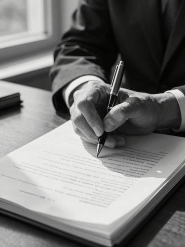 Tightly framed close-up of an attorney's hands holding a pen over an open legal document, handwritten margin notes visible, north-facing window light raking across the page surface from the left, natural shadows preserved on the paper folds, black and white treatment