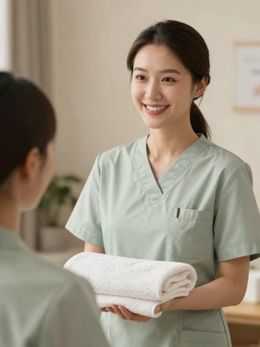 A professional female therapist in a neat clean uniform, smiling warmly, holding a folded white towel, soft ambient indoor lighting, warm editorial photography, shallow depth of field.