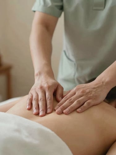 Close-up of hands performing professional massage techniques with aromatic oils, warm soft ambient indoor lighting, muted sage and cream tones, shallow depth of field.