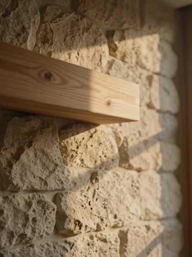 Close-up of hand-chiselled stone wall meeting a solid larch wood beam, soft golden-hour window light casting long shadows, tactile texture, quiet luxury aesthetic