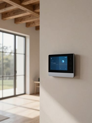 An editorial interior photograph of a minimalist, sunlit living room with high ceilings and exposed wooden beams. A sleek, flush-mounted smart control tablet is visible on a soft plaster wall, displaying a clean, dark interface. Soft natural architectural daylight streams through a large steel-framed window, casting gentle shadows. Warm muted tones, clean lines, 35mm lens.