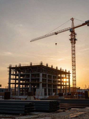 Wide panoramic view from the ground level of a massive active construction site at golden hour, steel framework rising against an overcast orange-lit sky to the right, tower cranes in operation silhouetted against the dusk light, stacked steel beams and concrete forms in the foreground, dramatic side-lighting defining the mass and scale of the structure