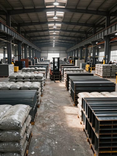 Wide-angle view inside a massive industrial warehouse, organized rows of steel I-beams and bagged cement stacked floor to ceiling, hard side-lighting casting strong shadows between rows, forklift visible mid-aisle, overhead industrial fixtures illuminating the scale of inventory