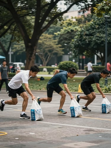 Wide outdoor shot, team of three athletes mid-sprint across an urban park collecting bags during a timed competition, natural daylight, motion blur on feet, full collection bags visible