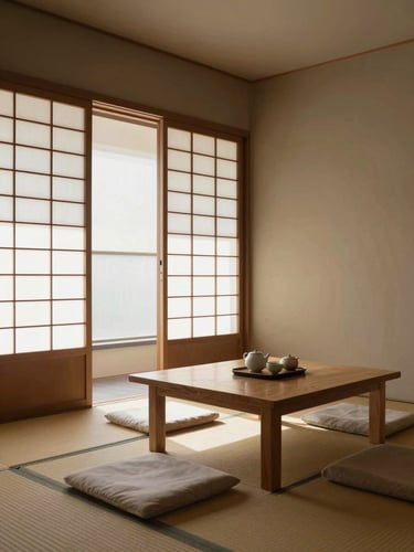 Serene minimalist Tokyo guesthouse interior, soft morning light filtering through shoji screens onto tatami mats, elegant low wooden table with a ceramic tea set, architectural wide-angle composition, 35mm lens, high-end hospitality.