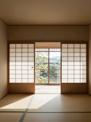 Architectural wide angle of a serene Tokyo guesthouse interior, soft natural morning light filtering through shoji screens, minimalist design, warm neutral tones