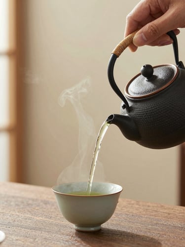 Close-up of a hand pouring green tea from a traditional cast iron teapot into a ceramic cup, steam rising, soft natural light