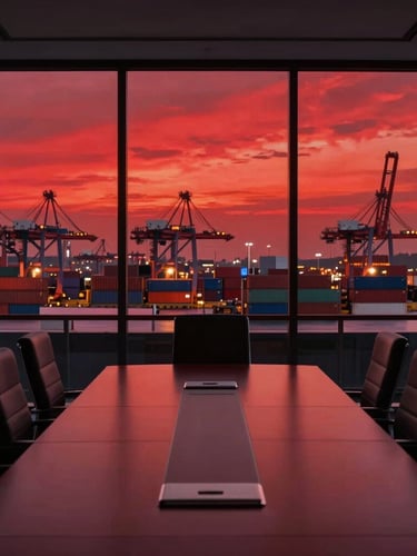 Sleek corporate boardroom overlooking a busy high-scale container port, dramatic architectural lighting, deep red reflections on glass, sharp focus.