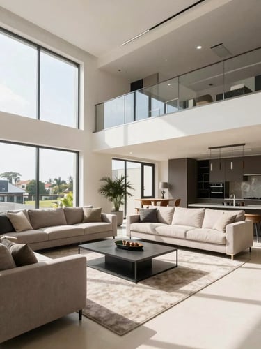 High-end modern apartment living room in East Legon, bright natural Ghanaian sunlight, crisp details, realistic colors, architectural photography