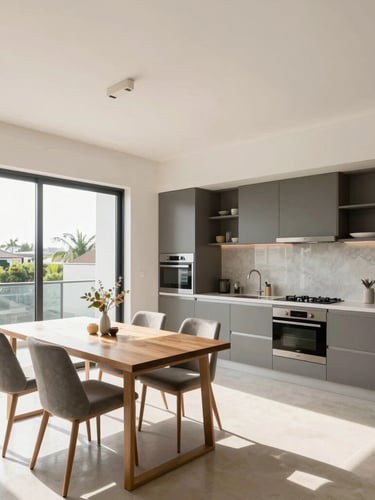 Bright, modern kitchen and dining area in a premium Accra short-stay apartment, natural sunlight, high-trust architectural photography