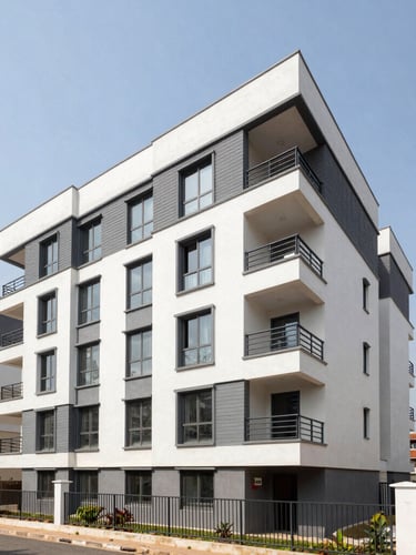 Architectural photography of a modern residential development in Spintex under bright natural Ghanaian sunlight, clean lines, high-trust editorial feel