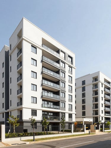 Wide-angle architectural shot of a modern residential development in Spintex, Accra, under bright natural Ghanaian sunlight, clean lines.